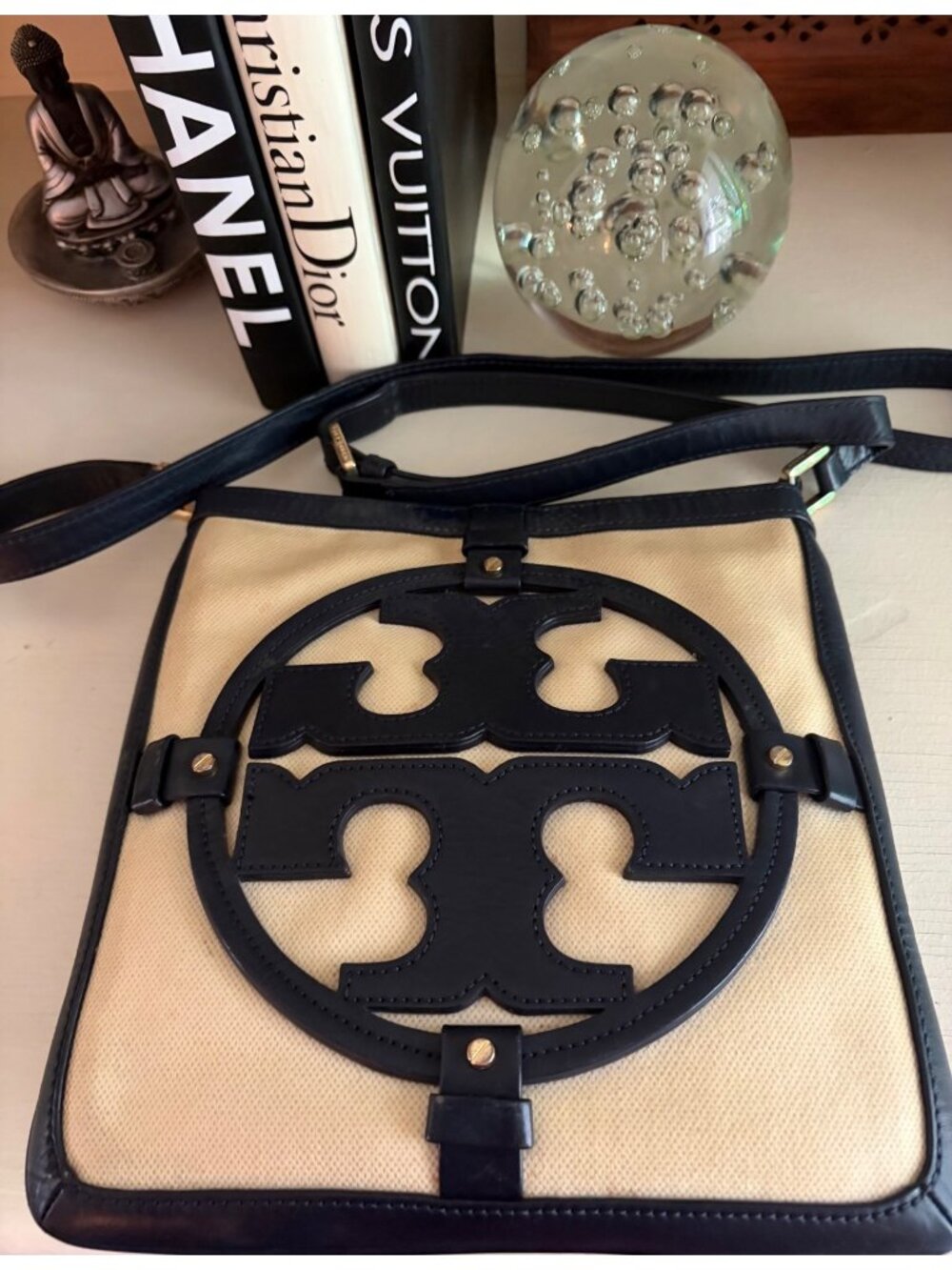 Tory Burch Holly Navy Leather and Canvas Crossbody Shoulder Bag